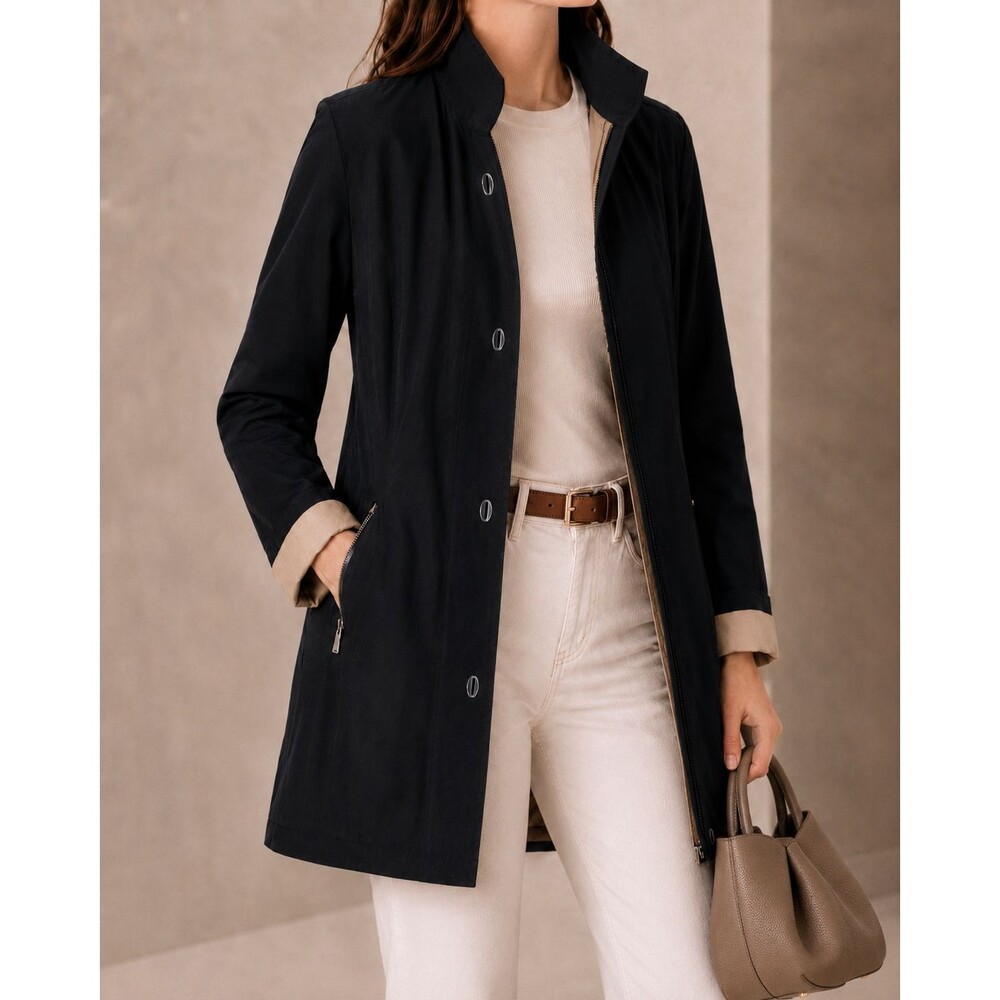 Fleet Street Women PM Black Raincoat Removable Plaid Liner Petite Trench Jacket
